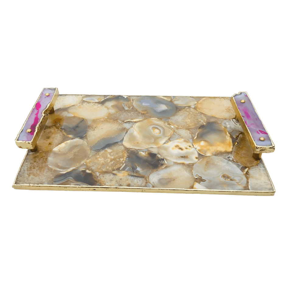 Brown Plated Agate Serving Tray With Pink Onyx Agate Handles - MAIA HOMES