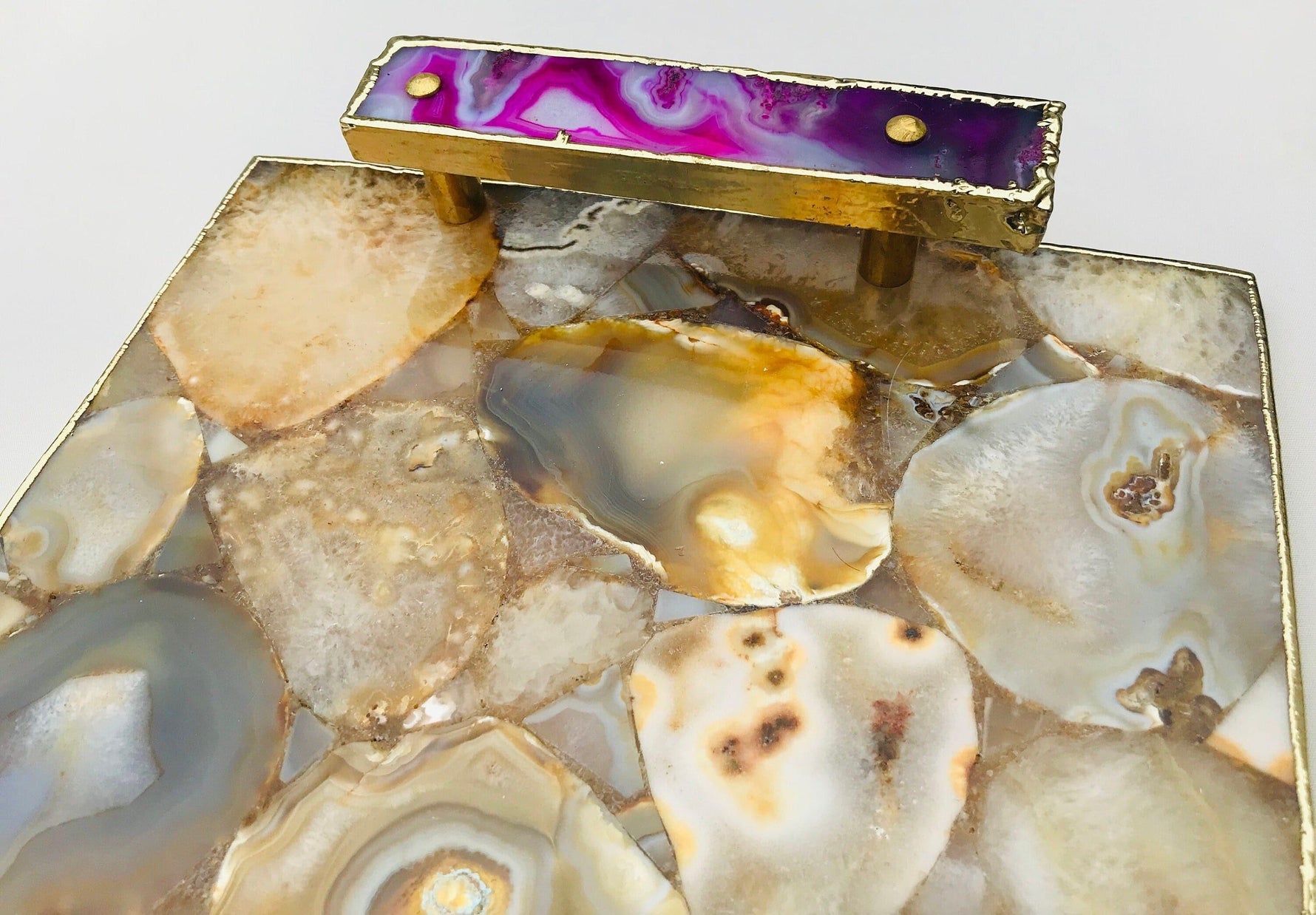 Brown Plated Agate Serving Tray With Pink Onyx Agate Handles