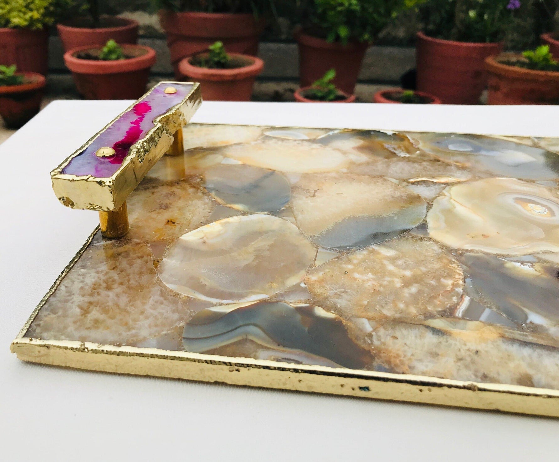 Brown Plated Agate Serving Tray With Pink Onyx Agate Handles