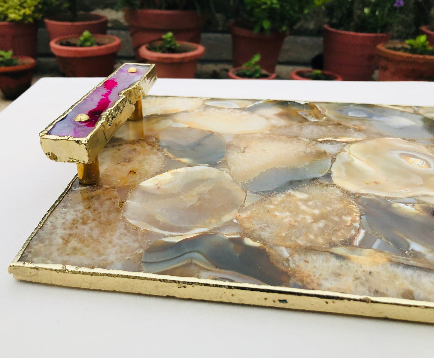 Brown Plated Agate Serving Tray With Pink Onyx Agate Handles - MAIA HOMES