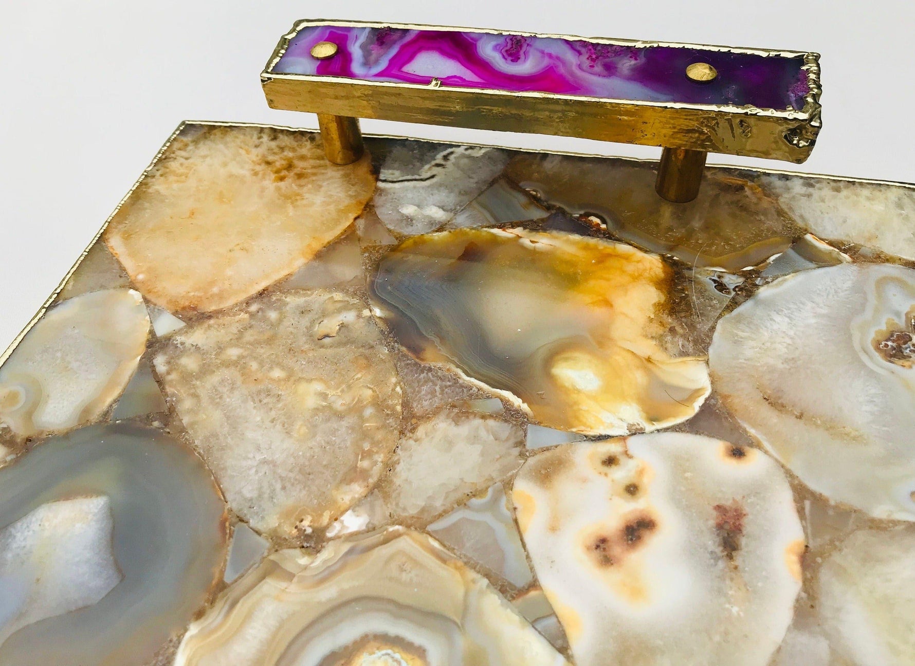 Brown Plated Agate Serving Tray With Pink Onyx Agate Handles