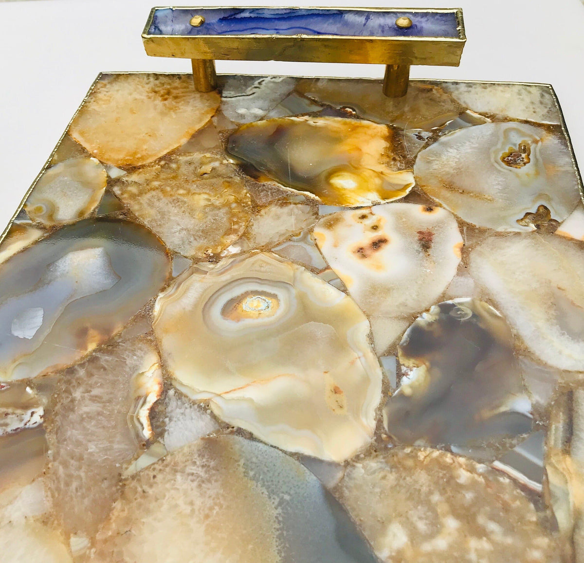 Brown Plated Agate Serving Tray With Purple Onyx Agate Handles