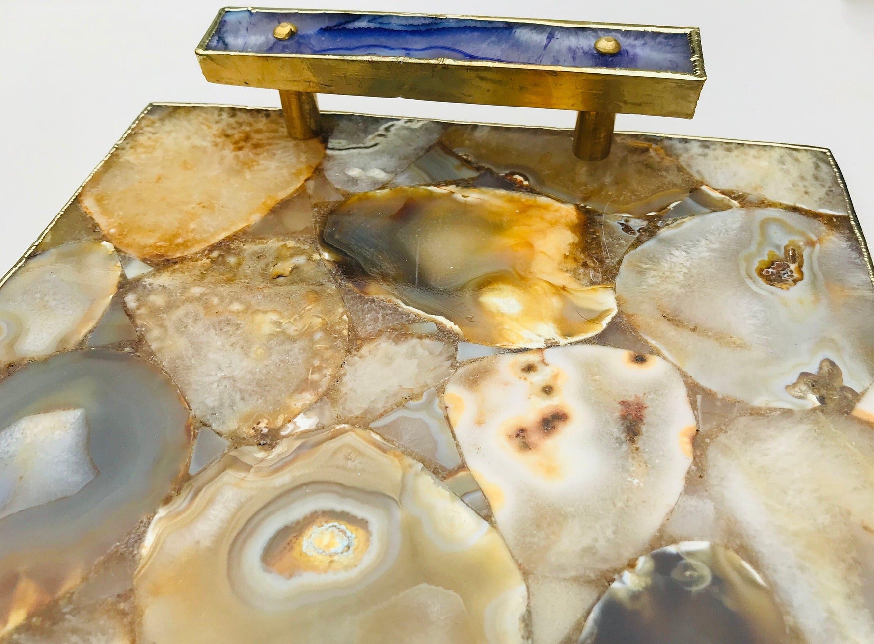 Brown Plated Agate Serving Tray With Purple Onyx Agate Handles