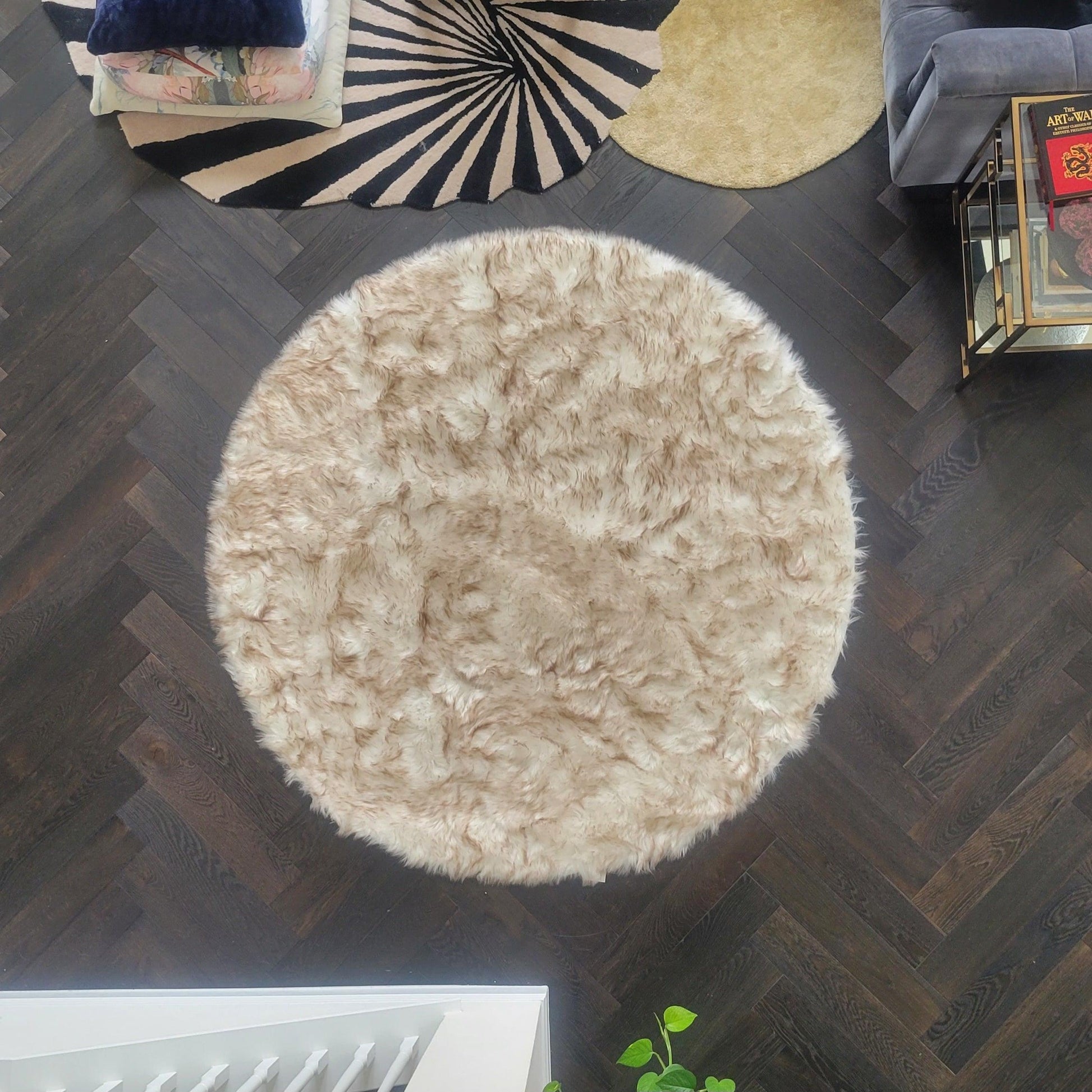 Brown Tipped White Round Artificial Wool Faux Fur Rug 6' x 6' - MAIA HOMES