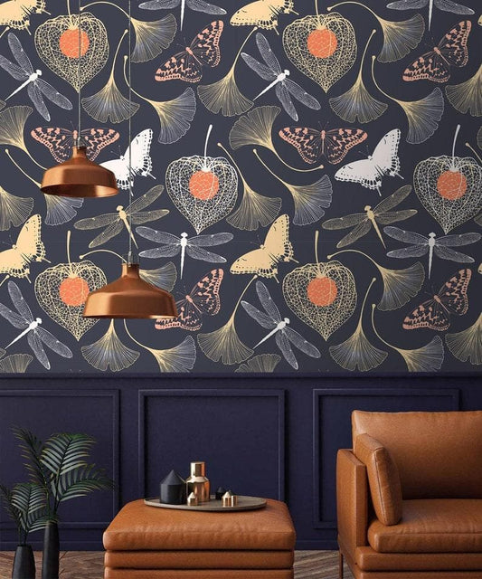 Butterflies and Dragonfly in Mystery Gingko Leaves Garden Wallpaper - MAIA HOMES