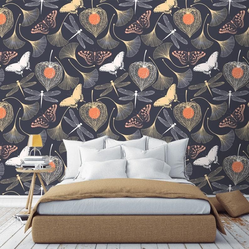 Butterflies and Dragonfly in Mystery Gingko Leaves Garden Wallpaper - MAIA HOMES
