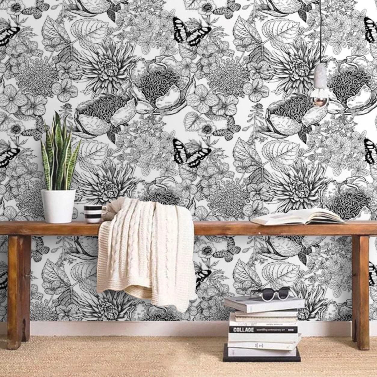 Butterfly and Floral Black and White Botanical Wallpaper