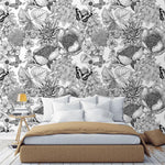 Butterfly and Floral Black and White Botanical Wallpaper