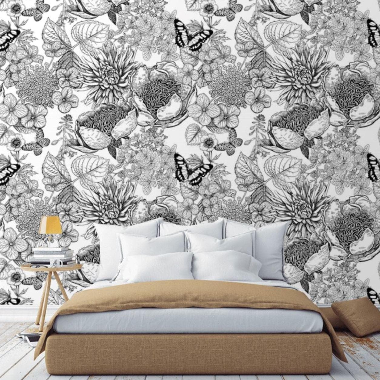 Butterfly and Floral Black and White Botanical Wallpaper