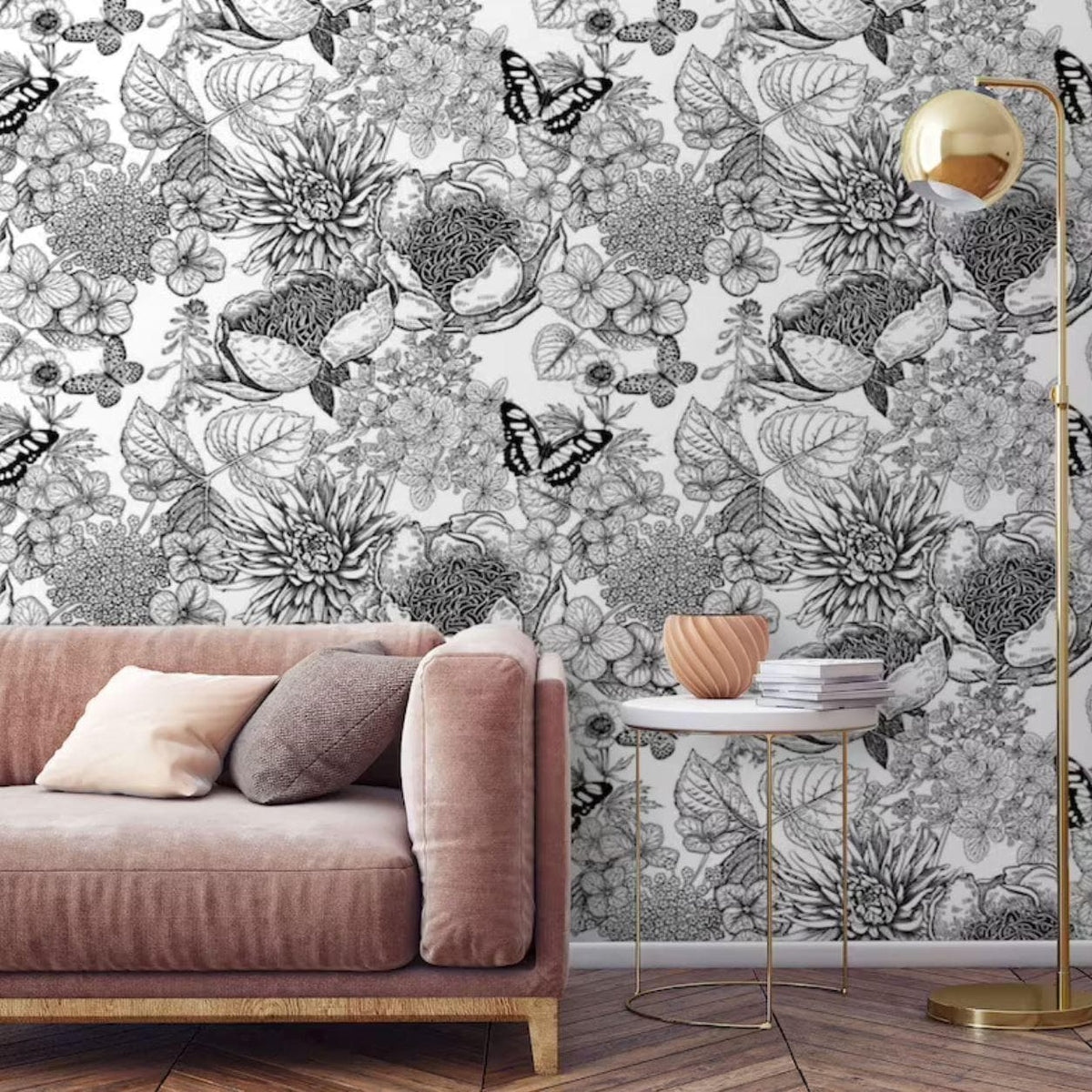 Butterfly and Floral Black and White Botanical Wallpaper