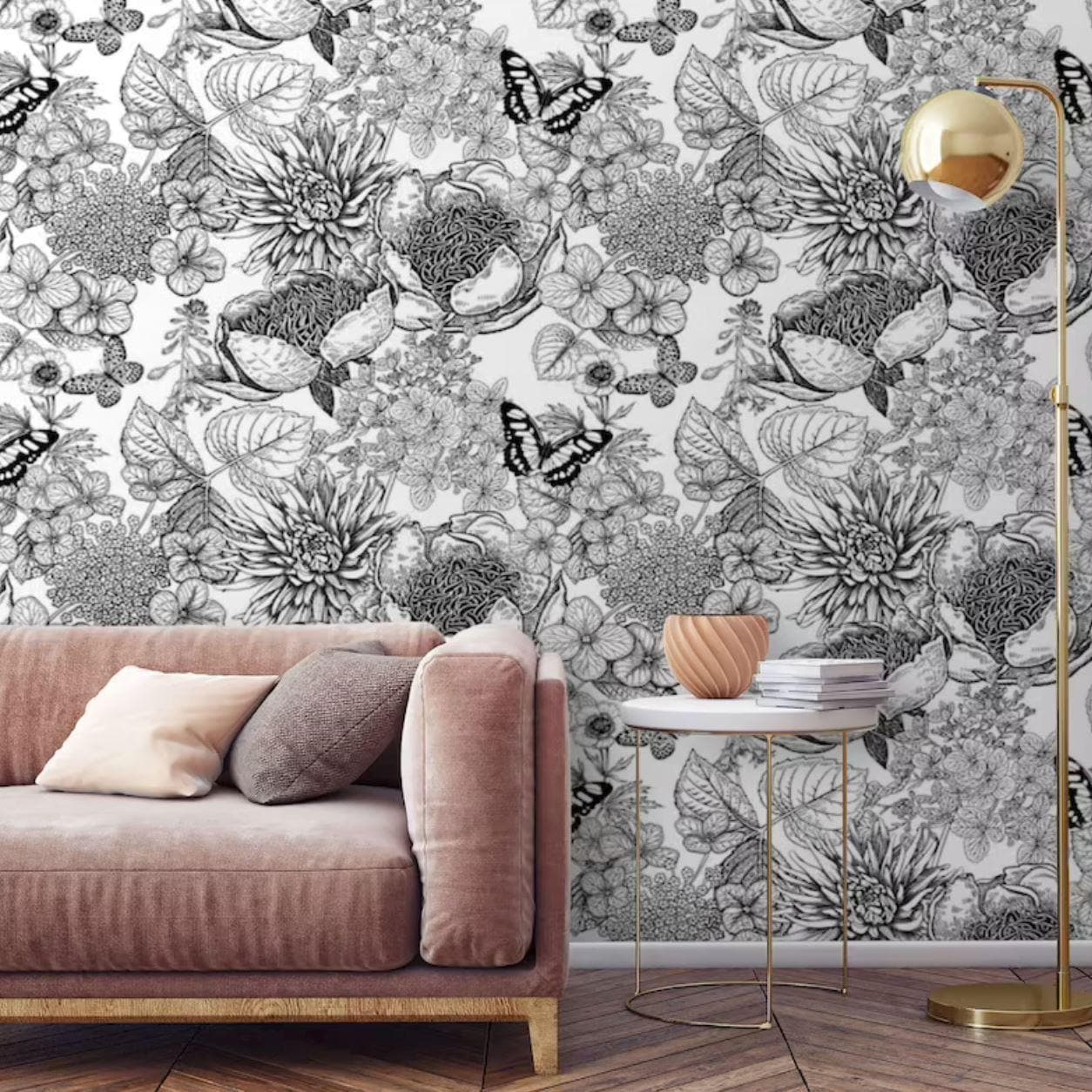 Butterfly and Floral Black and White Botanical Wallpaper - MAIA HOMES