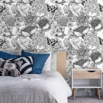 Butterfly and Floral Black and White Botanical Wallpaper