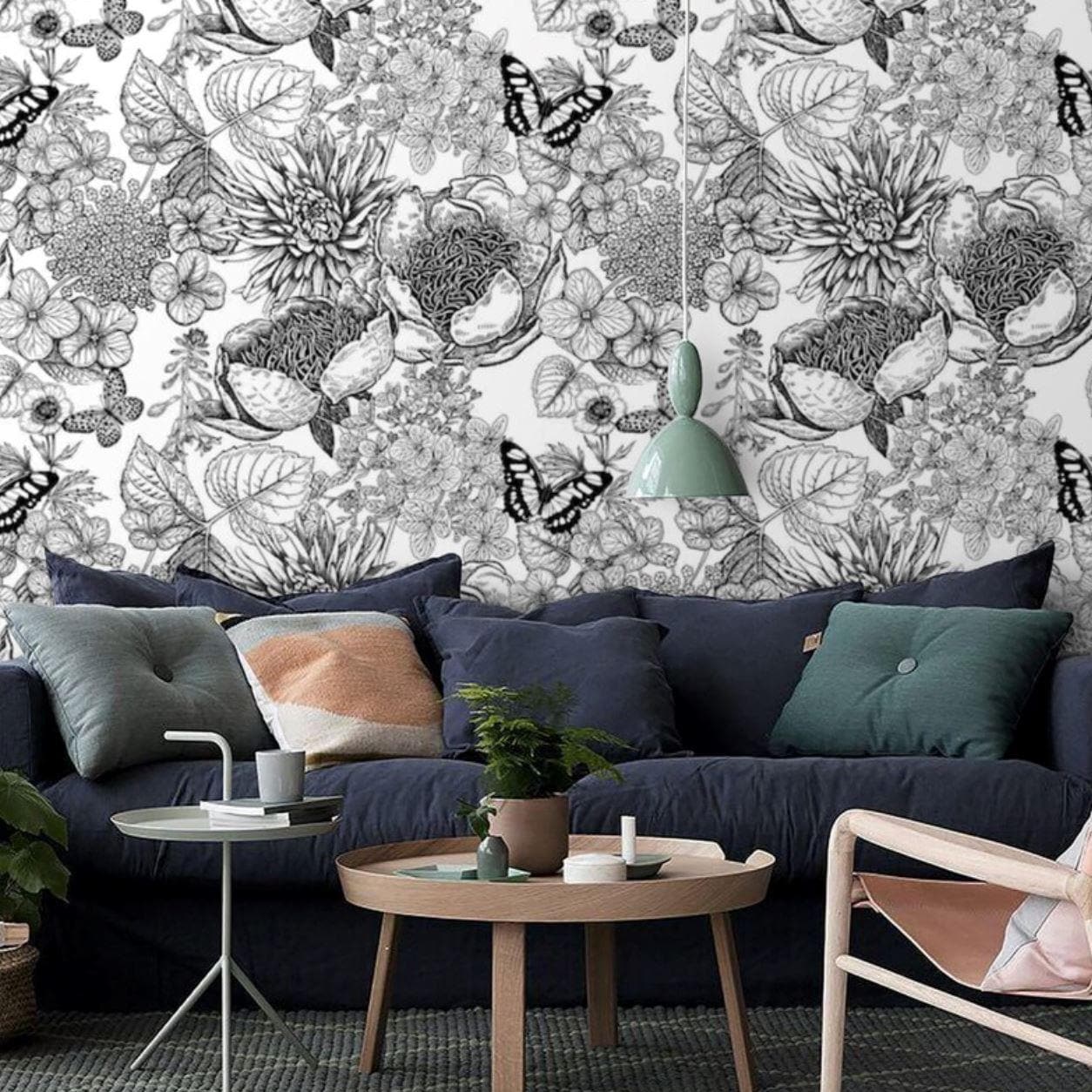 Butterfly and Floral Black and White Botanical Wallpaper