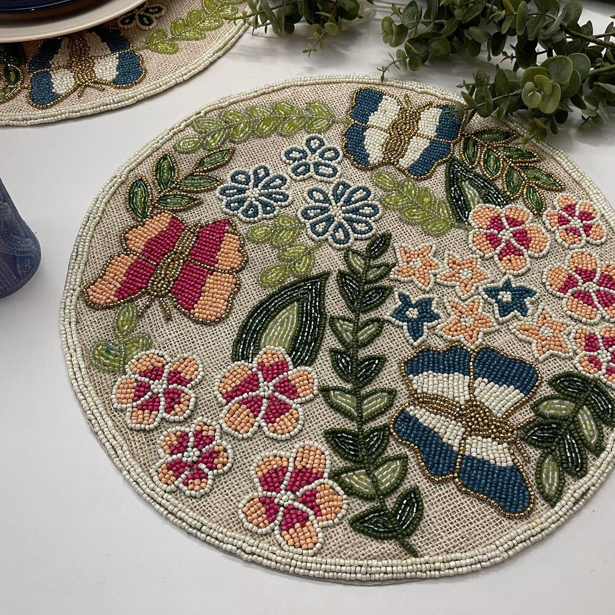 Butterfly and Flower Round Beaded Burlap Placemat