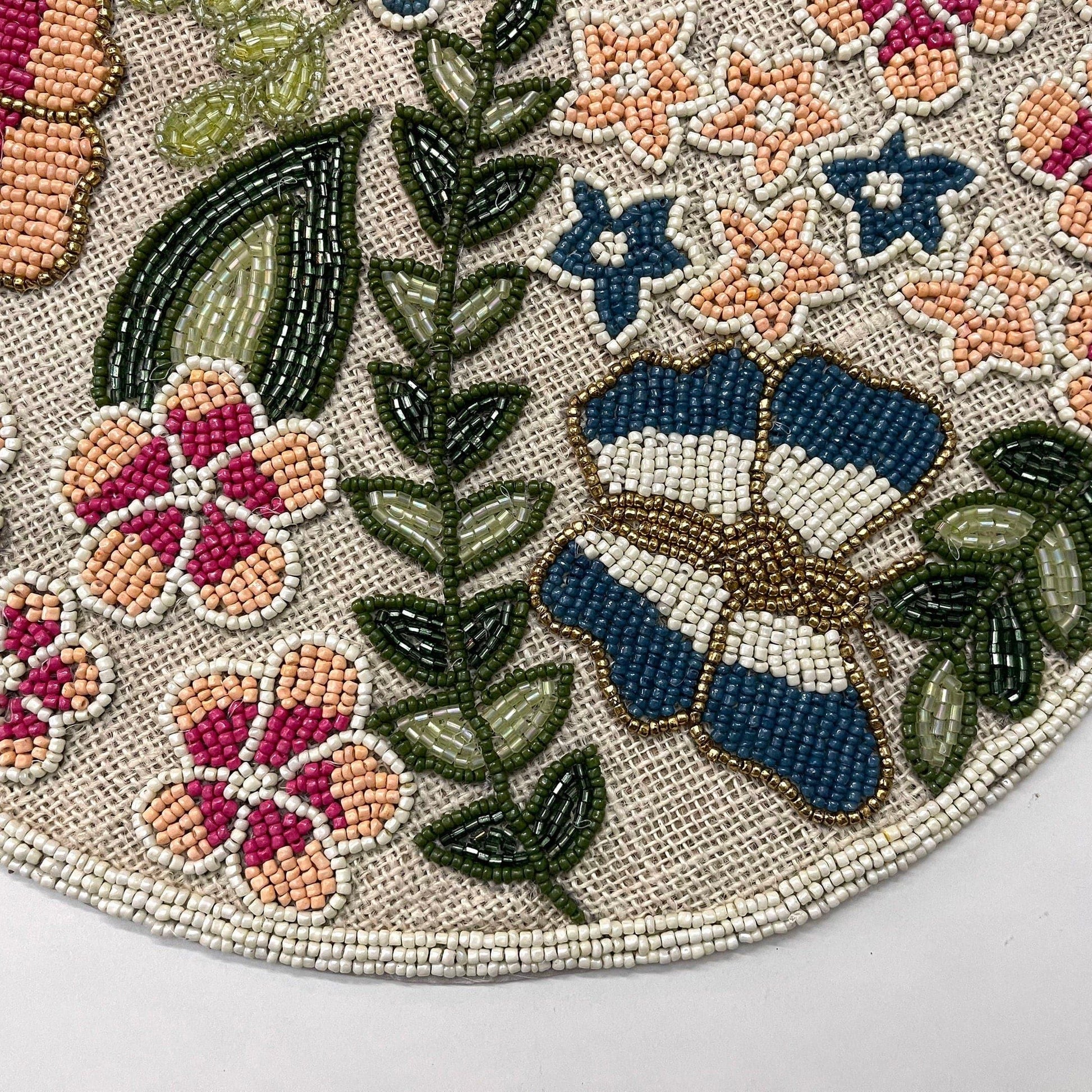 Butterfly and Flower Round Beaded Burlap Placemat - MAIA HOMES