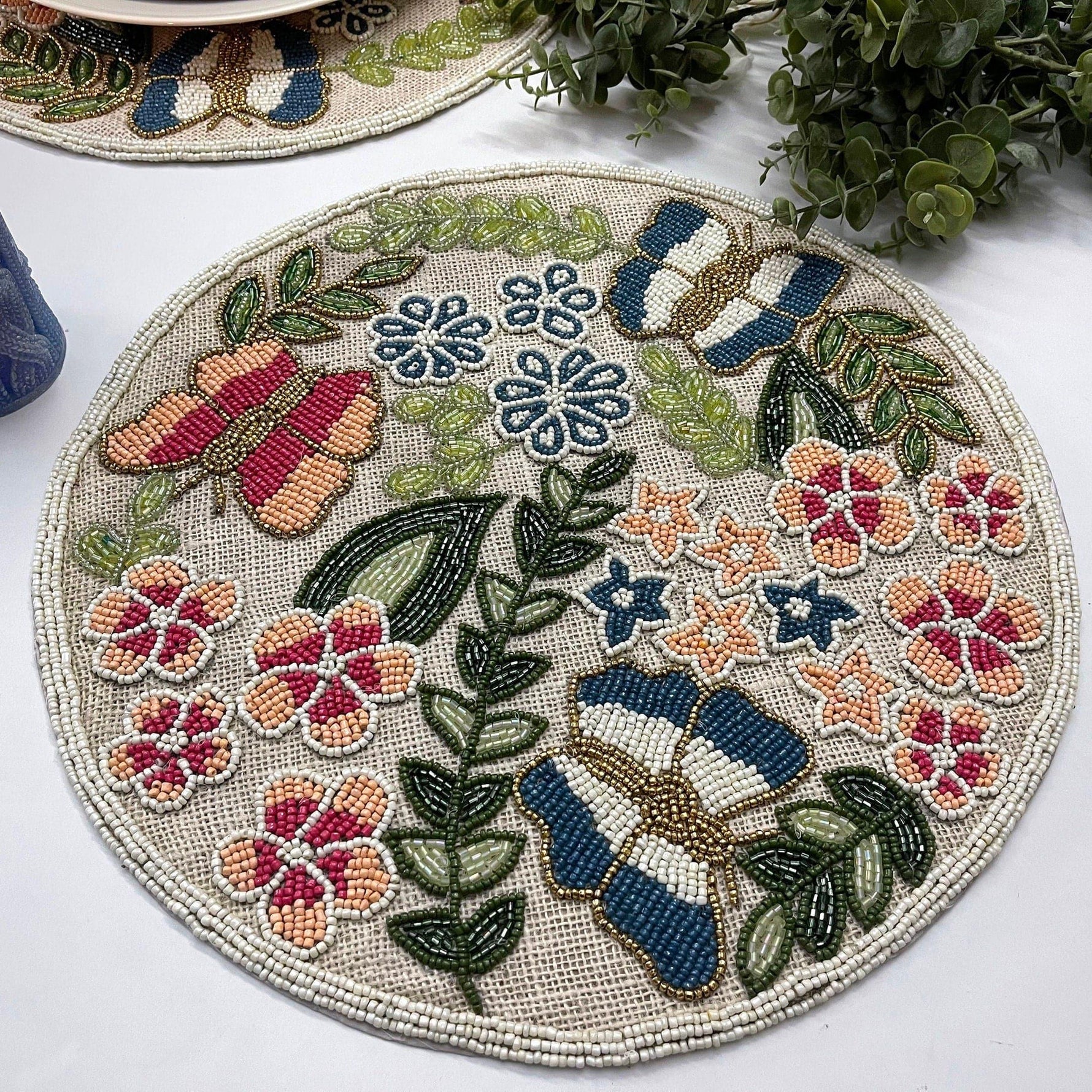 Butterfly and Flower Round Beaded Burlap Placemat