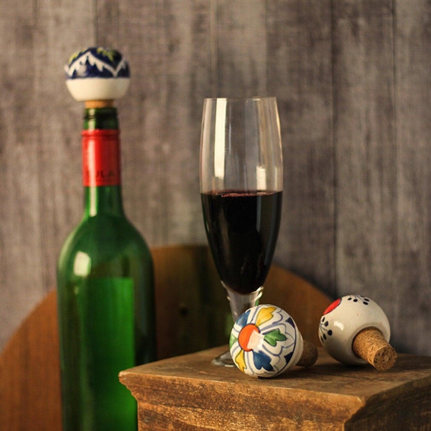 Ceramic Hand Painted Wine Bottle Stopper - Set of 2, Red - MAIA HOMES