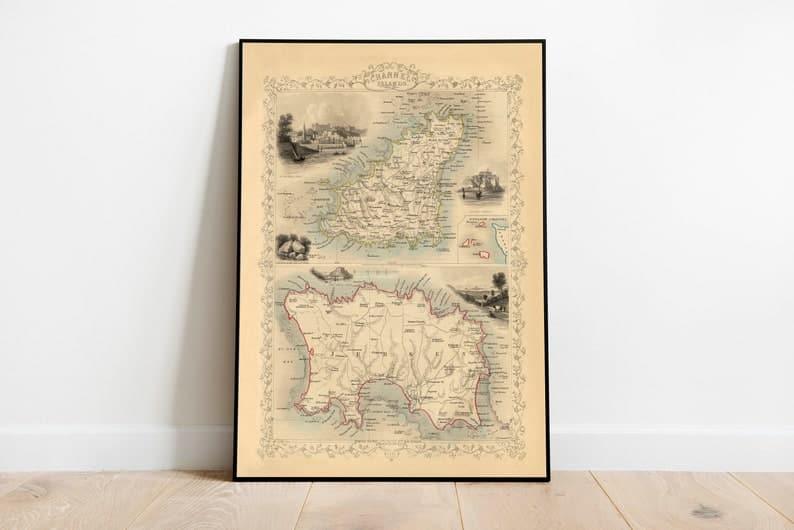 Channel Islands Map Print Wall Art| English Channel Vintage Map Wall Prints - MAIA HOMES