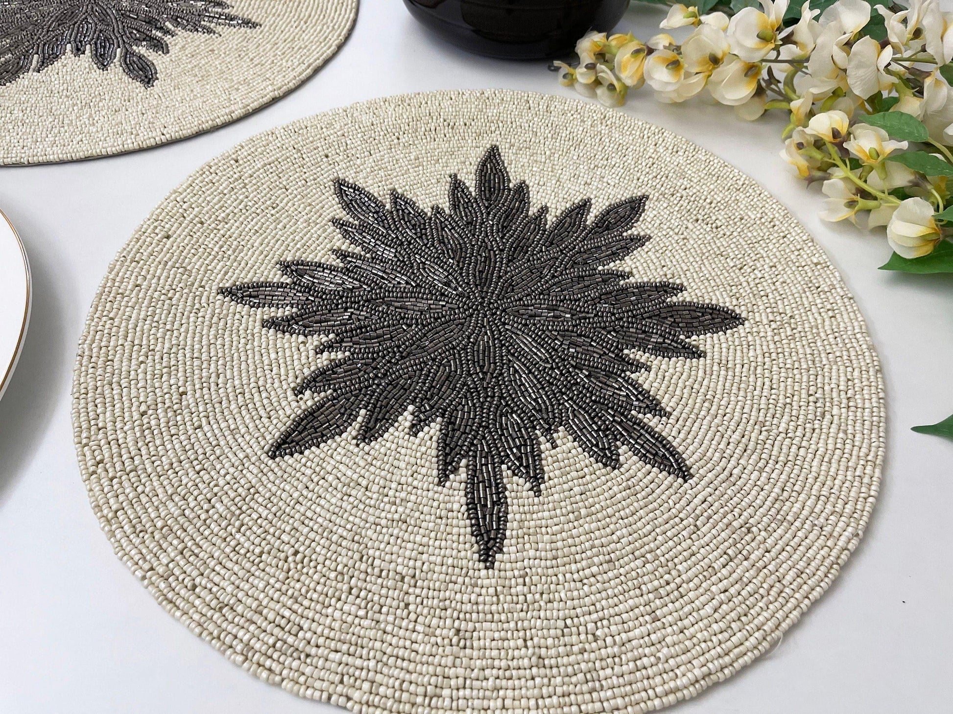 Charleen Round Beaded Placemat - WhiteSteel Gray - MAIA HOMES
