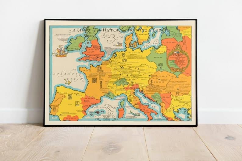 Chart of the history of Printing in Europe 1931| Old Map Wall Prints