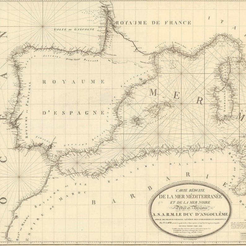 Chart of the Mediterranean Sea and the Black Sea, 1830| Panoramic Map Wall Art