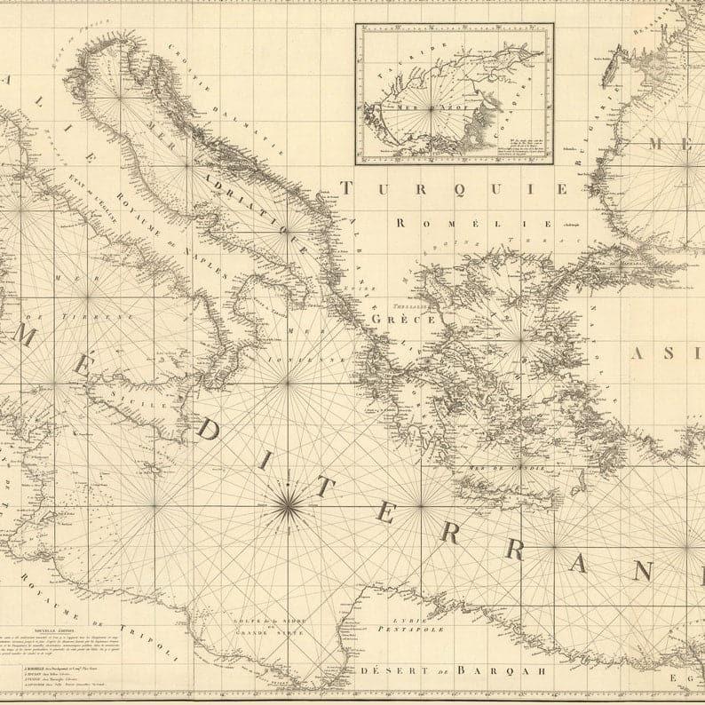 Chart of the Mediterranean Sea and the Black Sea, 1830| Panoramic Map Wall Art