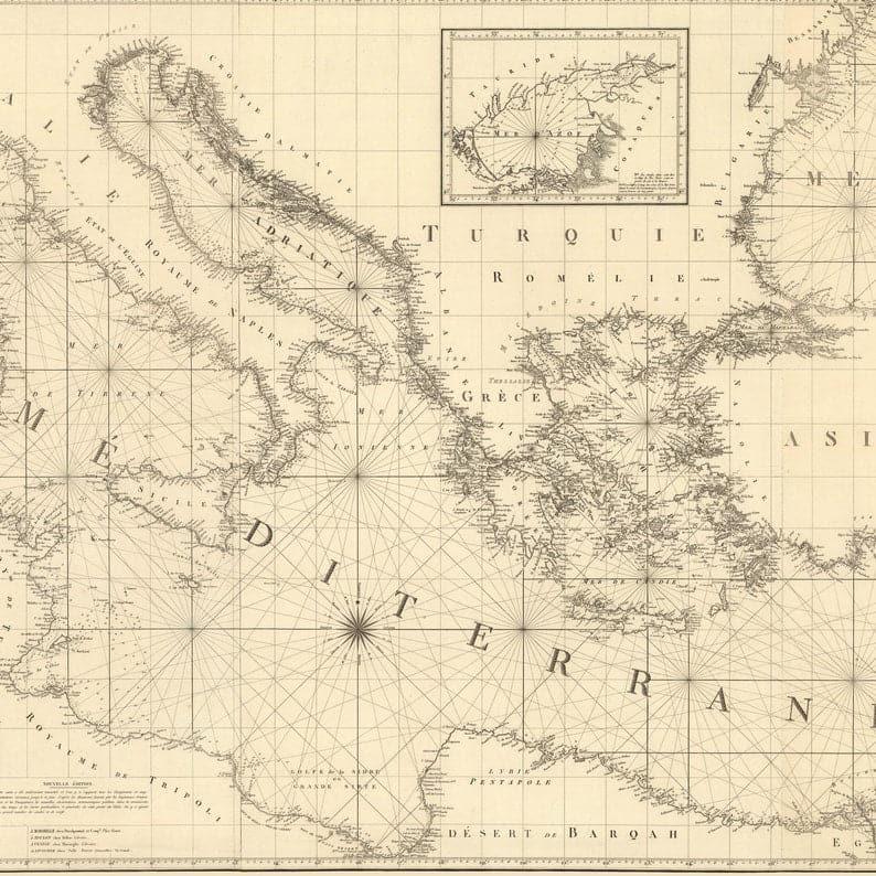 Chart of the Mediterranean Sea and the Black Sea, 1830| Panoramic Map Wall Art - MAIA HOMES