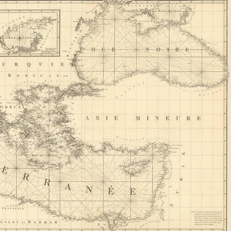 Chart of the Mediterranean Sea and the Black Sea, 1830| Panoramic Map Wall Art