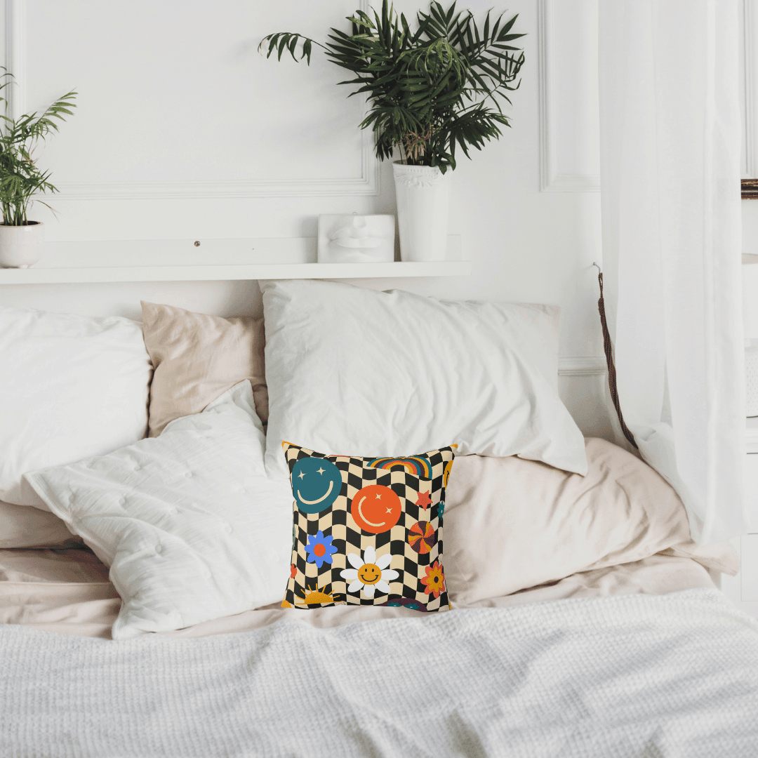 Checker Smiley Emojis Printed Throw Pillow