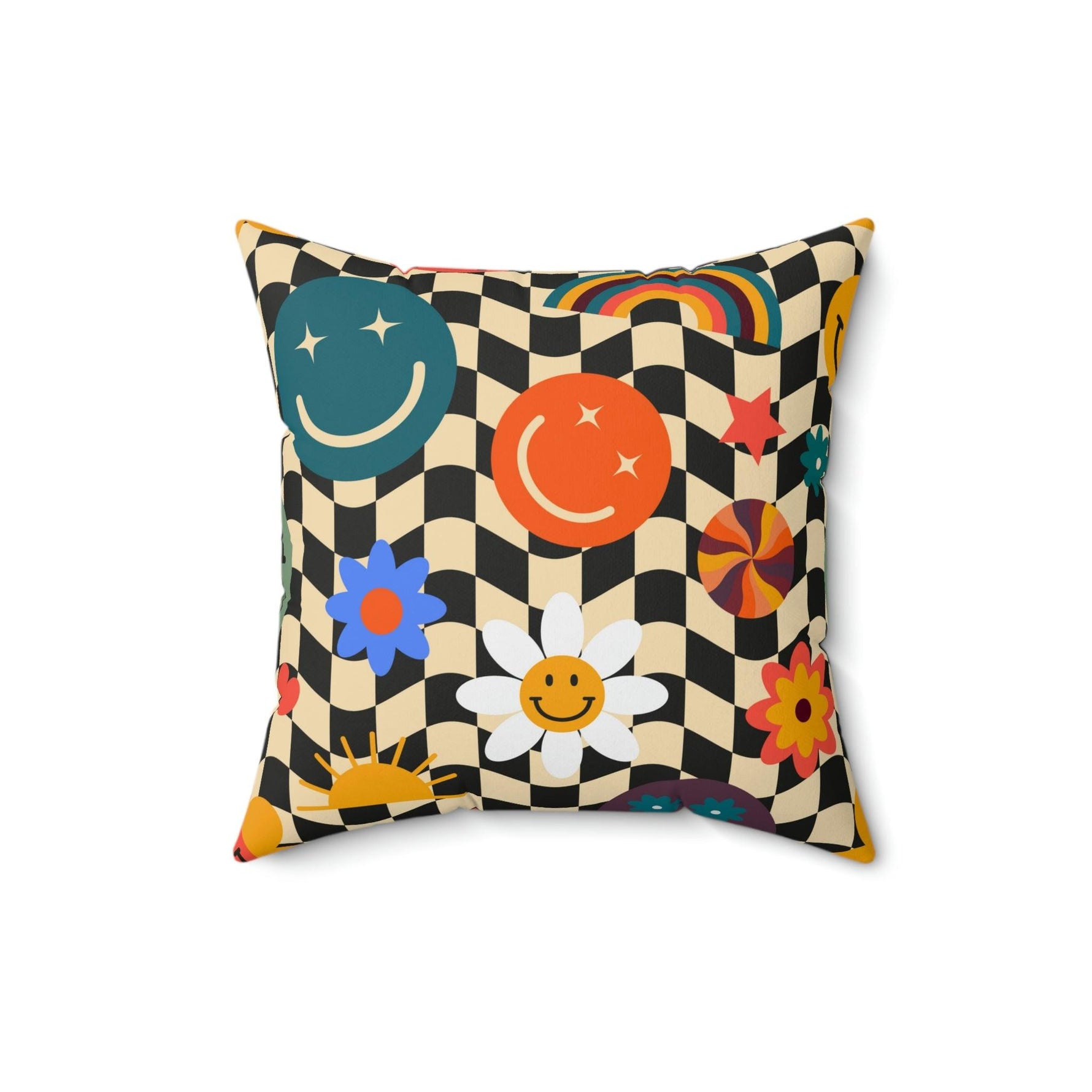 Checker Smiley Emojis Printed Throw Pillow 16" × 16"