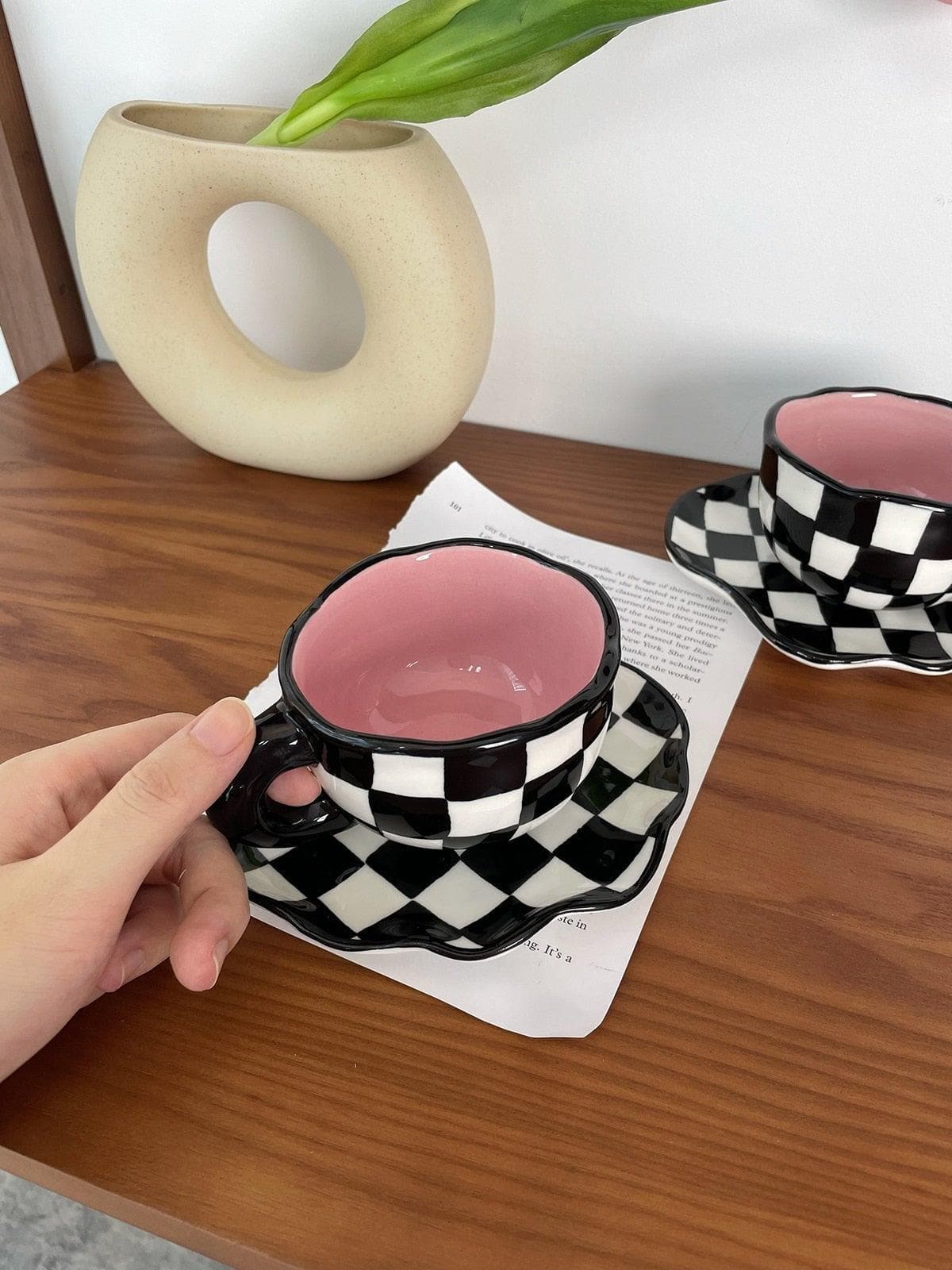 Checkerboard Ceramic Mug with Saucer