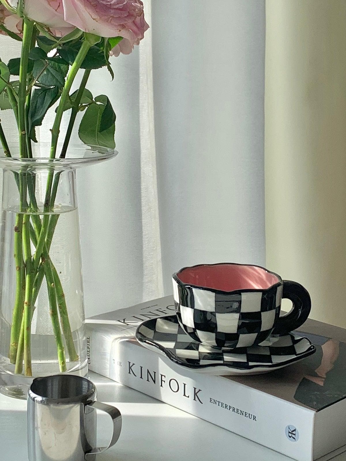 Checkerboard Ceramic Mug with Saucer