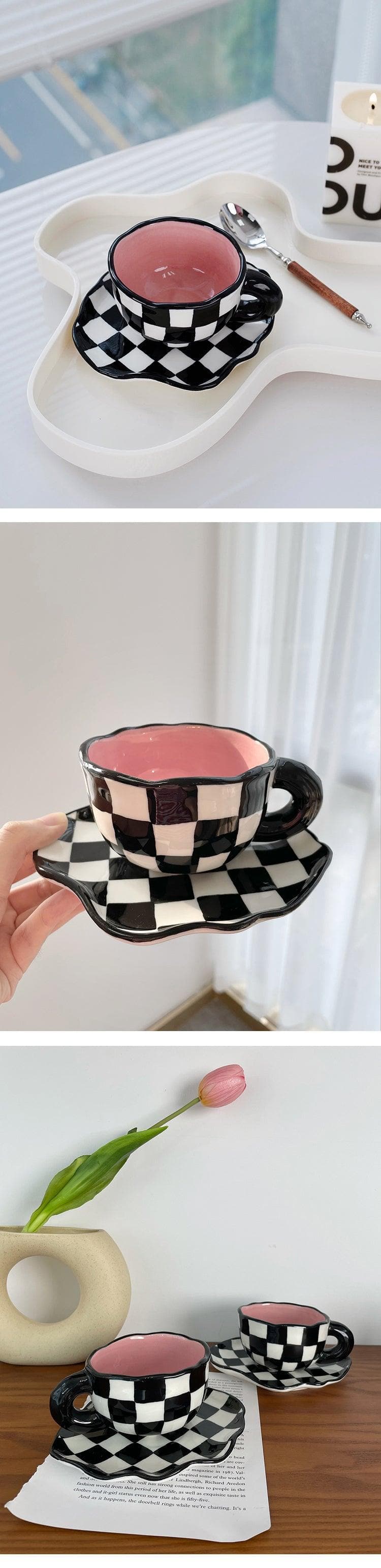 Checkerboard Ceramic Mug with Saucer