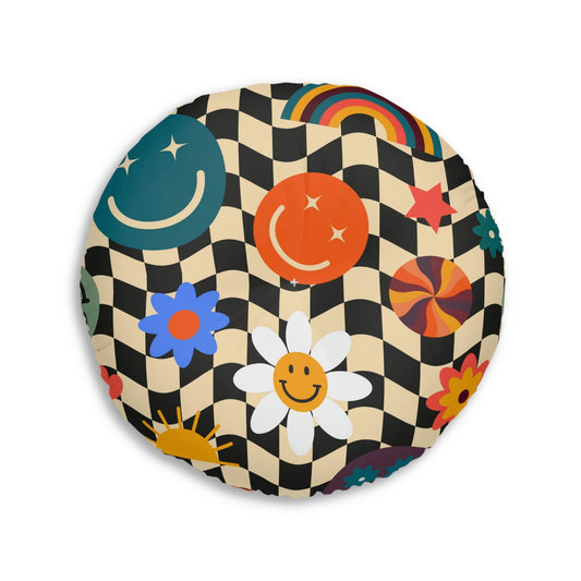 Checkered Smiley Emoji Tufted Round Floor Pillow - MAIA HOMES