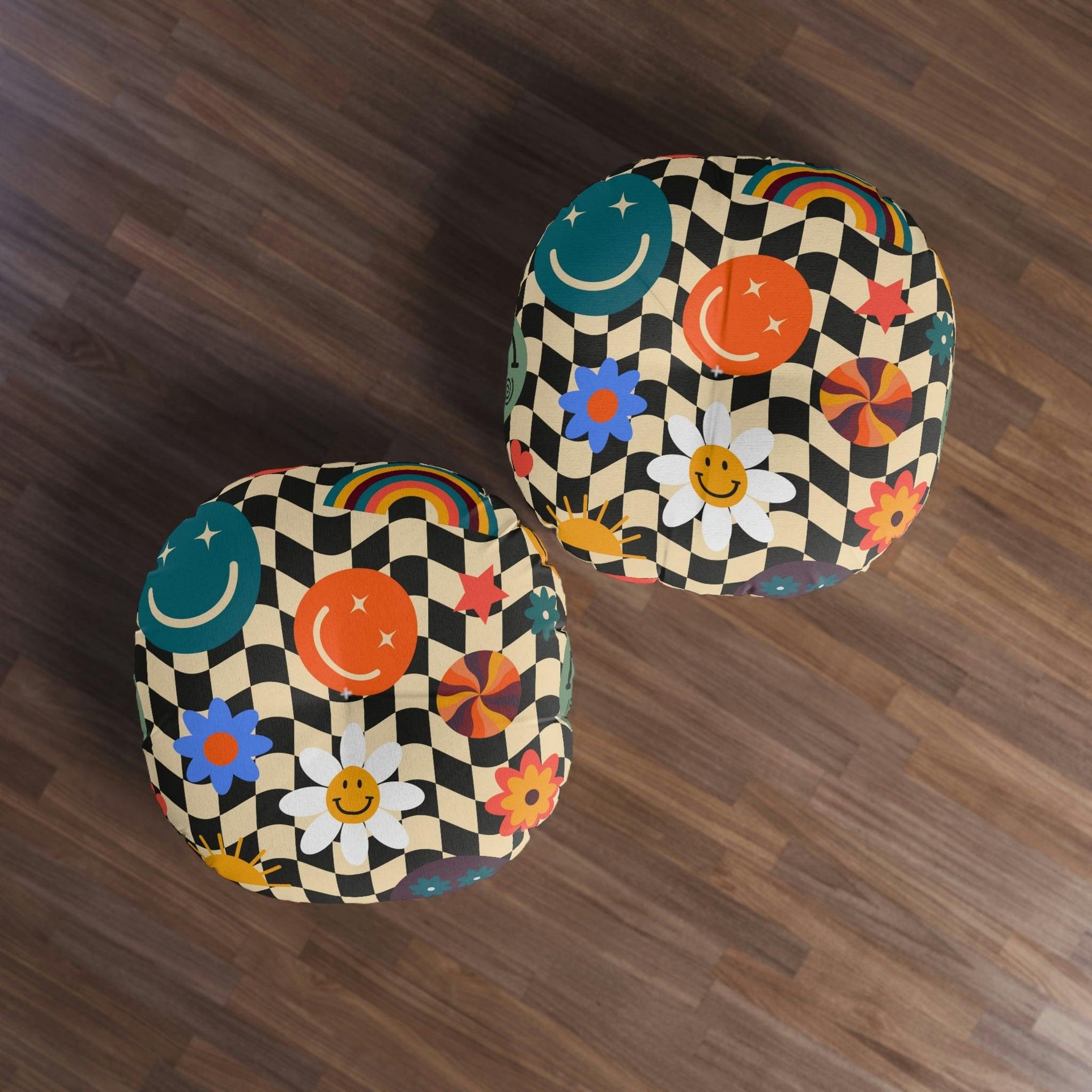 Checkered Smiley Emoji Tufted Round Floor Pillow