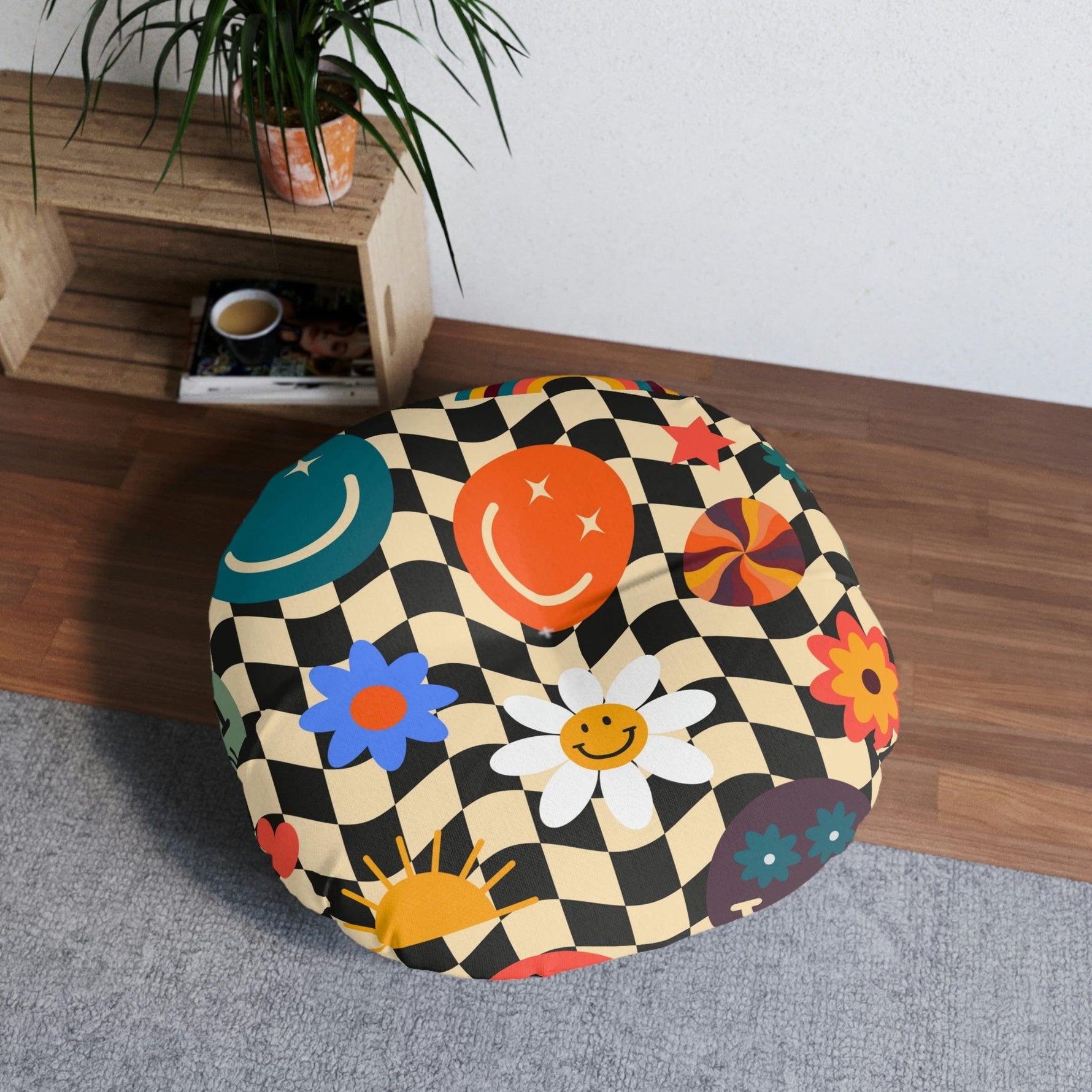 Checkered Smiley Emoji Tufted Round Floor Pillow