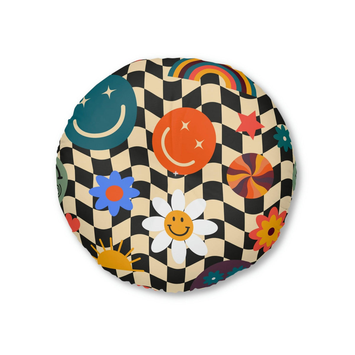 Checkered Smiley Emoji Tufted Round Floor Pillow 26" × 26"