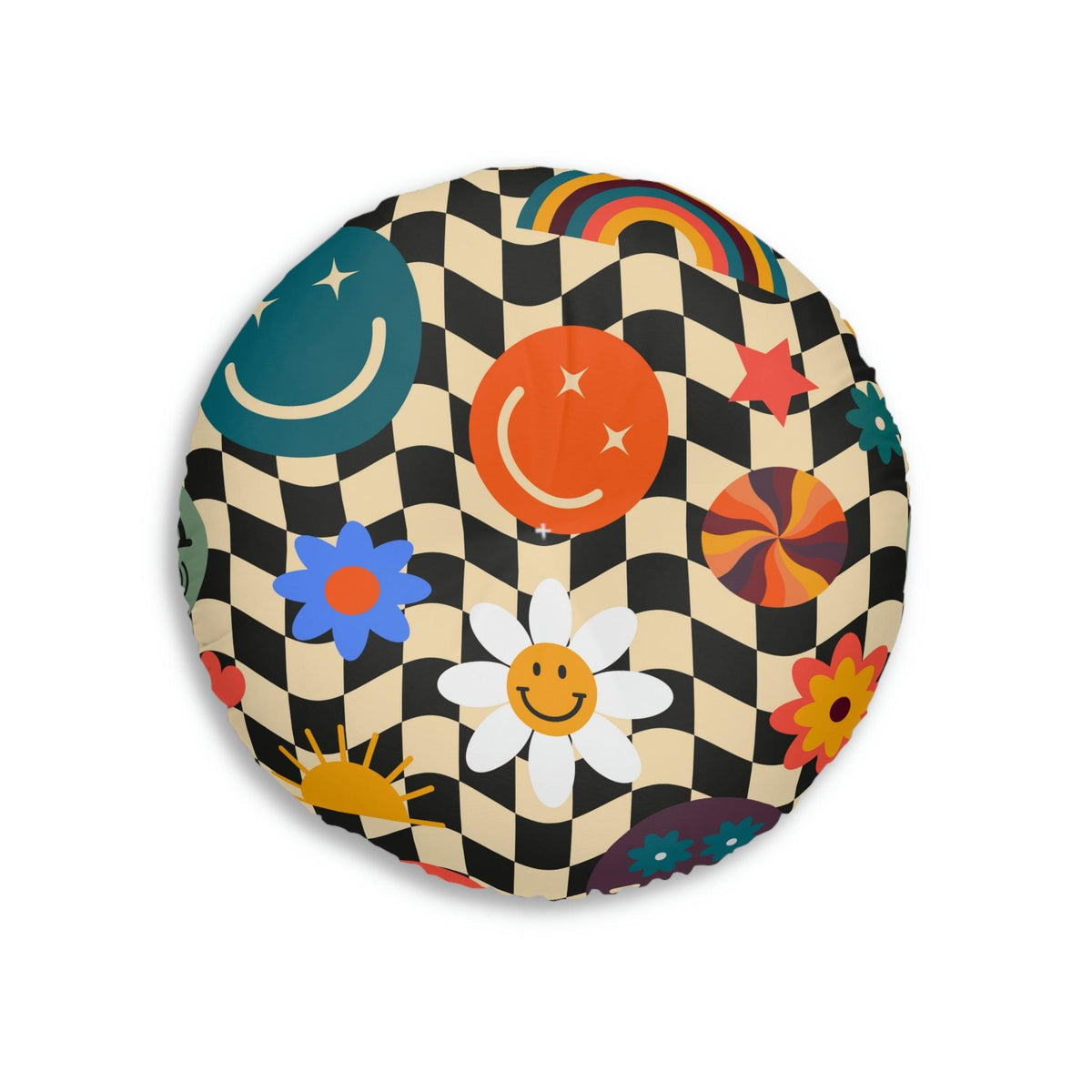 Checkered Smiley Emoji Tufted Round Floor Pillow