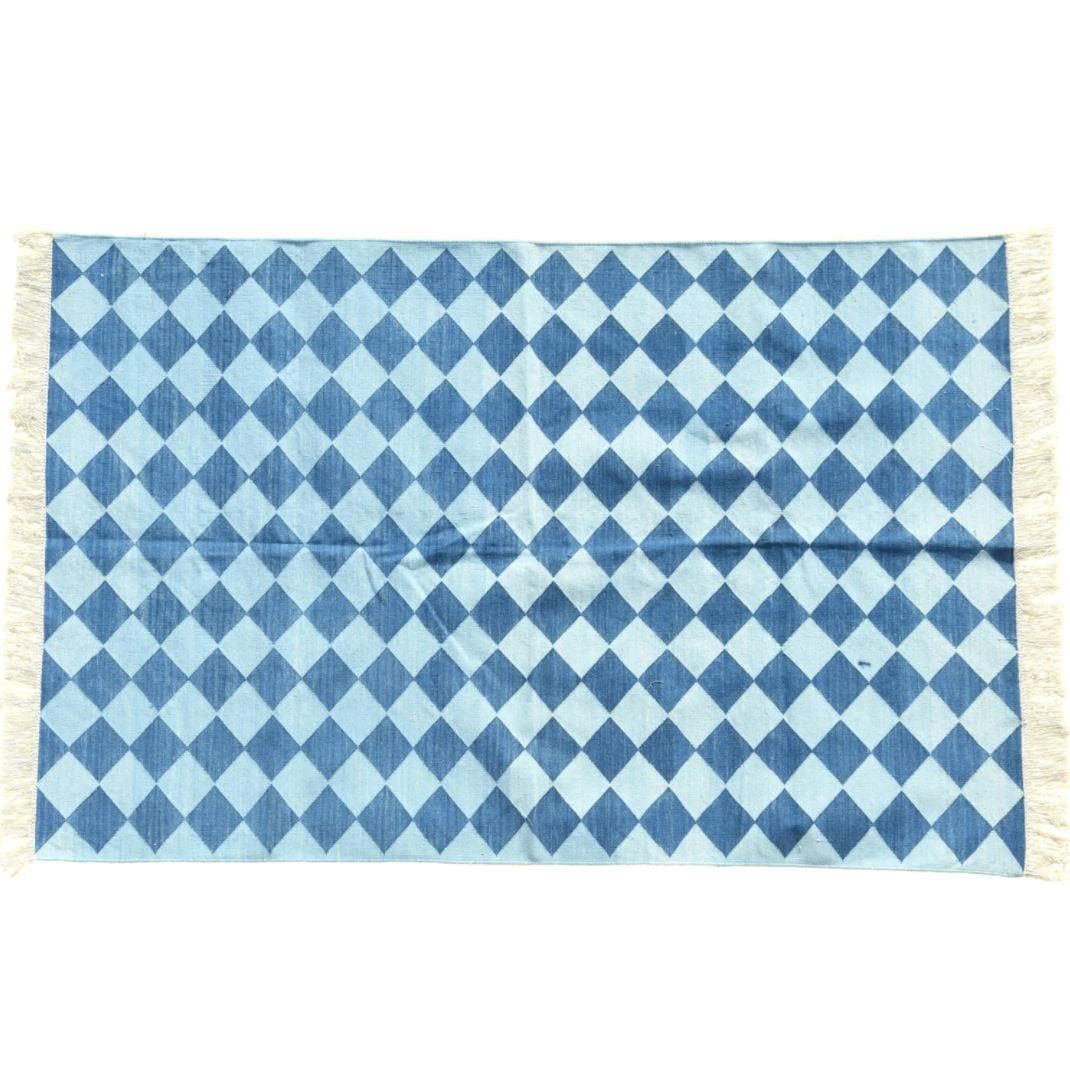 Checkers Organic Vegetable Dyed Indian Dhurrie Reversible Cotton Rug - Blue - MAIA HOMES