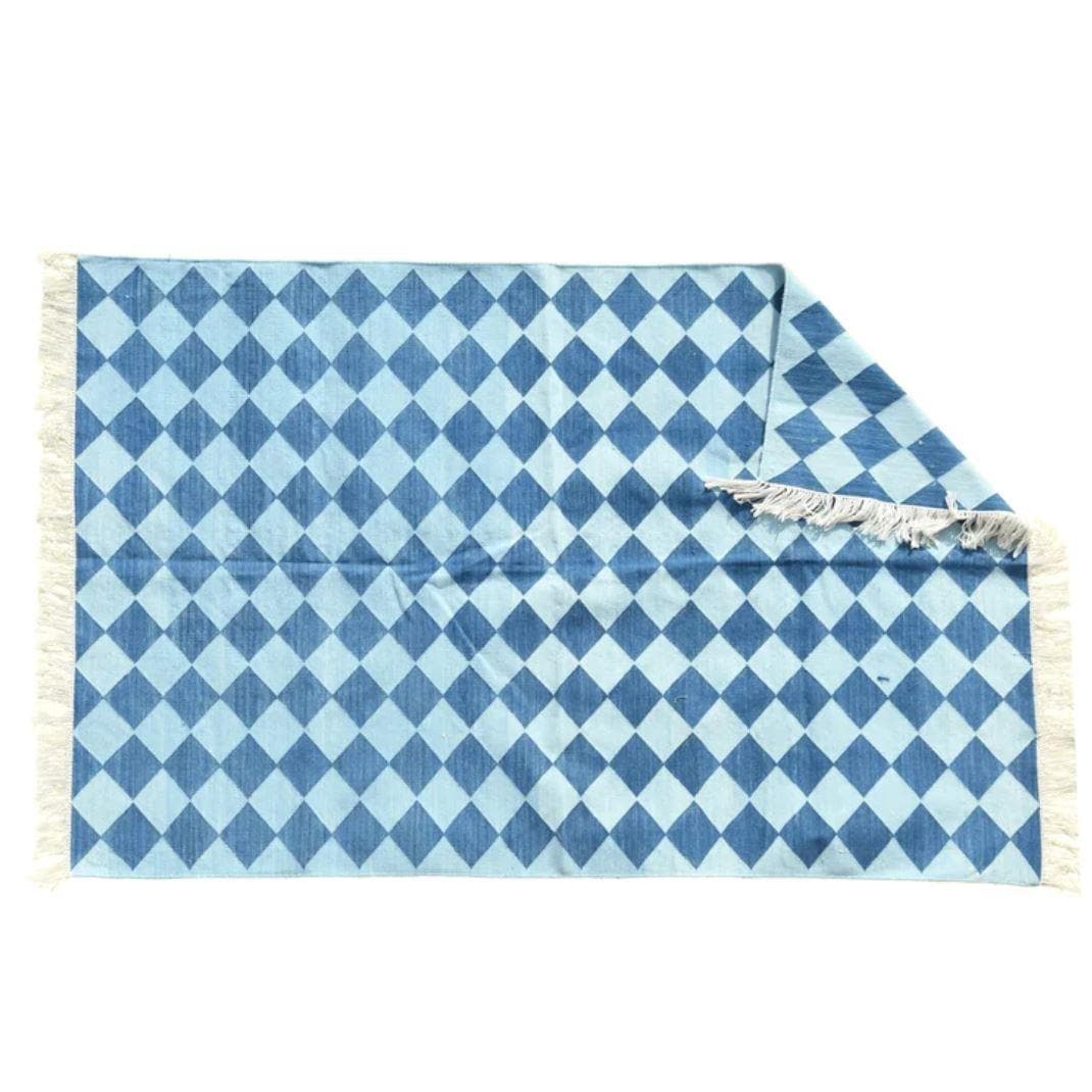 Checkers Organic Vegetable Dyed Indian Dhurrie Reversible Cotton Rug - Blue