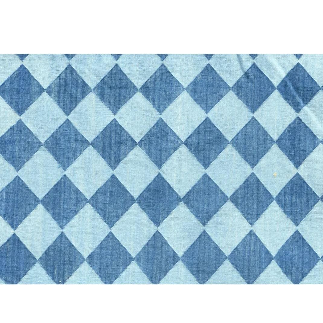 Checkers Organic Vegetable Dyed Indian Dhurrie Reversible Cotton Rug - Blue - MAIA HOMES