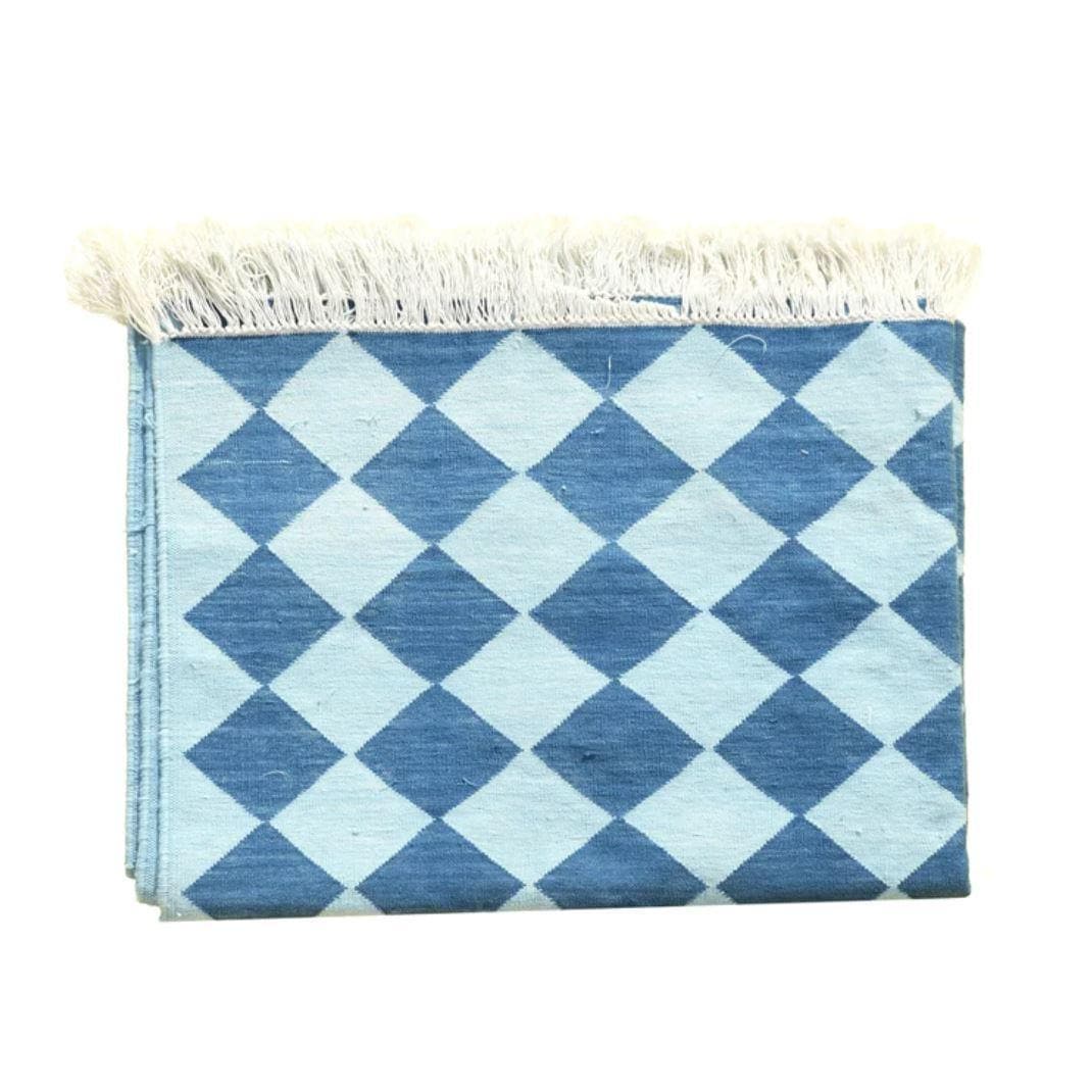 Checkers Organic Vegetable Dyed Indian Dhurrie Reversible Cotton Rug - Blue