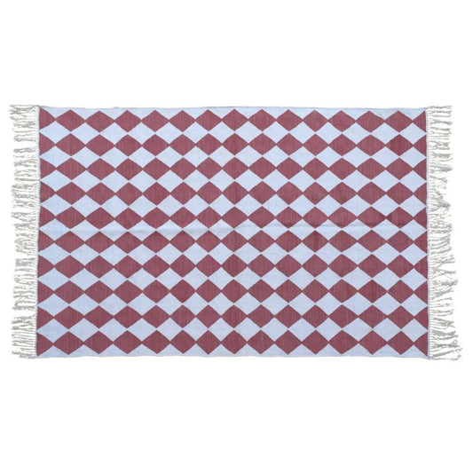 Checkers Vegetable Dyed Indian Dhurrie Reversible Cotton Rug - Red - MAIA HOMES