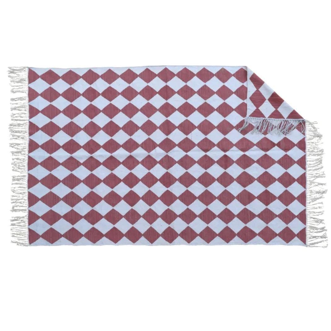 Checkers Vegetable Dyed Indian Dhurrie Reversible Cotton Rug - Red - MAIA HOMES