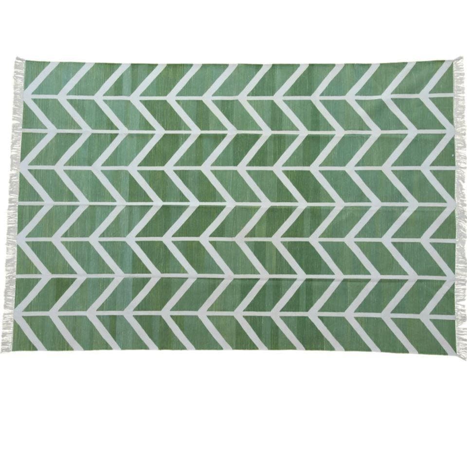 Chevron Organic Vegetable Dyed Indian Dhurrie Reversible Cotton Rug - Green - MAIA HOMES