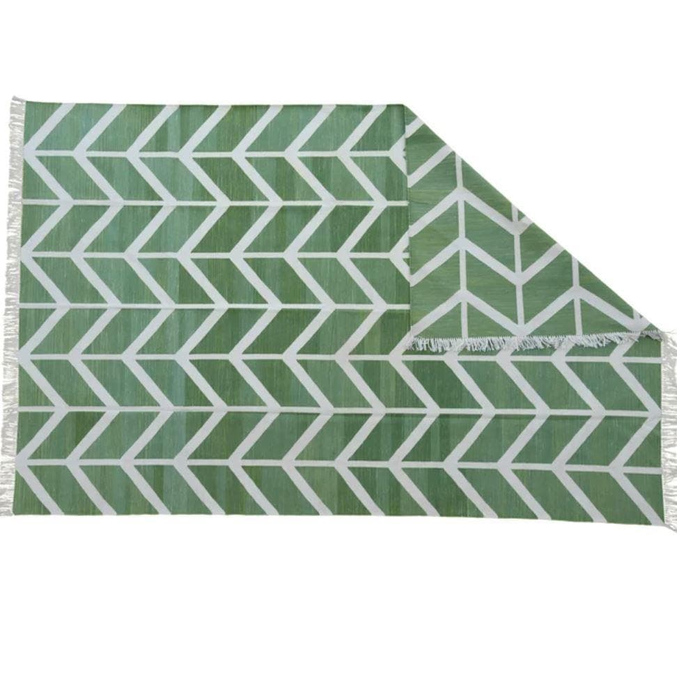Chevron Organic Vegetable Dyed Indian Dhurrie Reversible Cotton Rug - Green - MAIA HOMES
