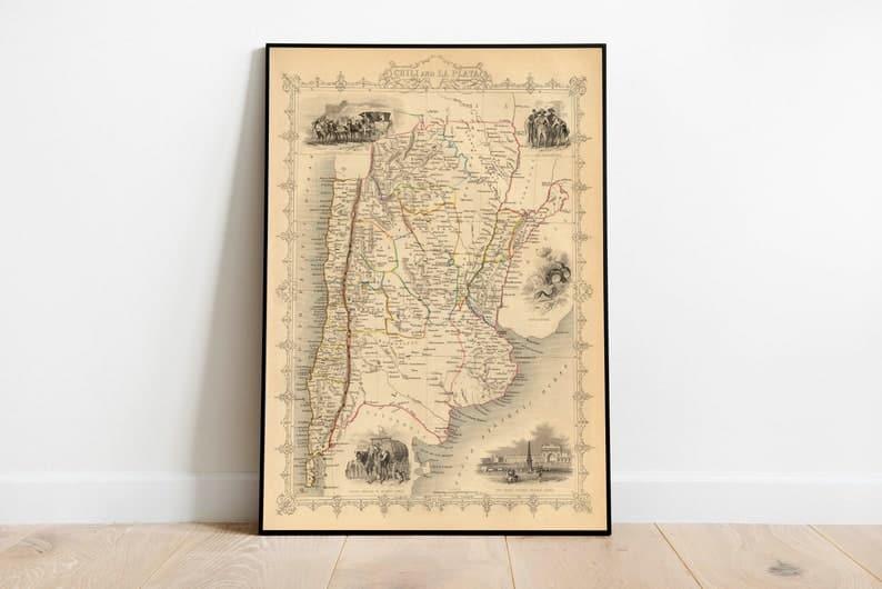 Chile and La Plata Map Print Wall Art| 1851 Chile Vintage Map Wall Prints - MAIA HOMES