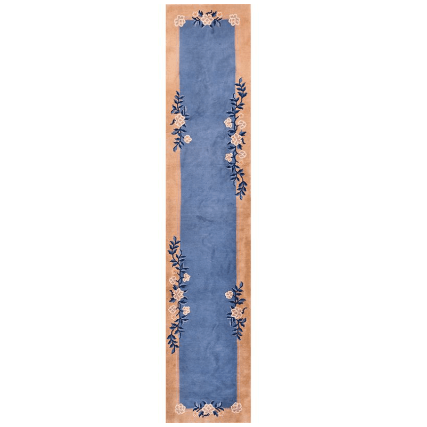 Chinoiserie Blue Floral Wool Hand Knotted Area Rug Runner - MAIA HOMES