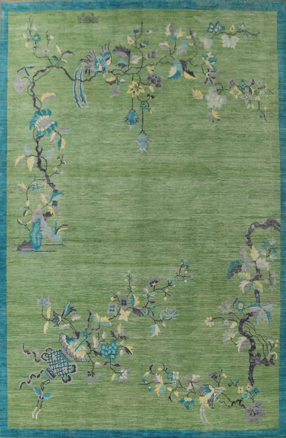 Chinoiserie Peacock in Green Field Wool Hand Knotted Area Rug