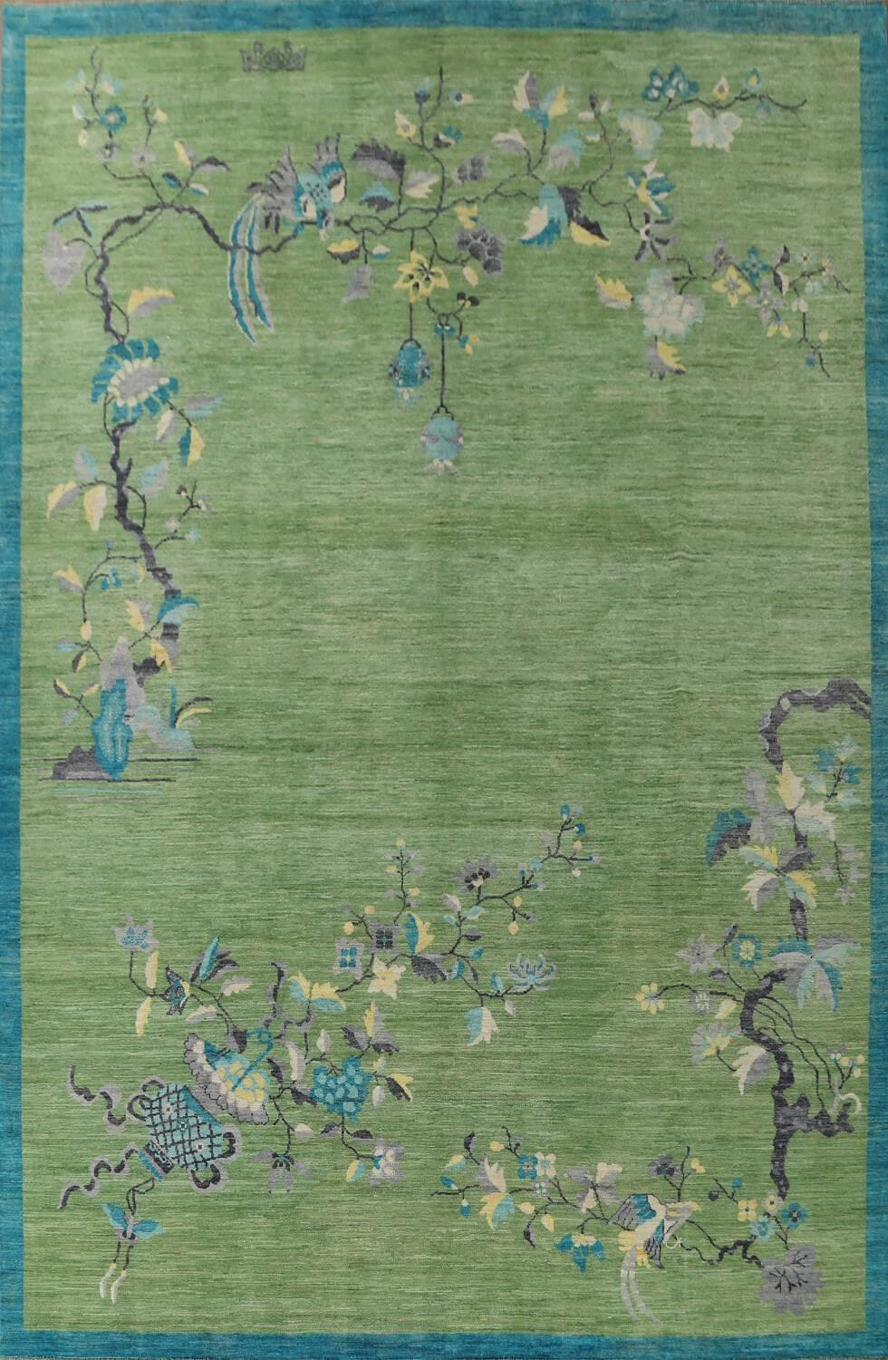 Chinoiserie Peacock in Green Field Wool Hand Knotted Area Rug - MAIA HOMES